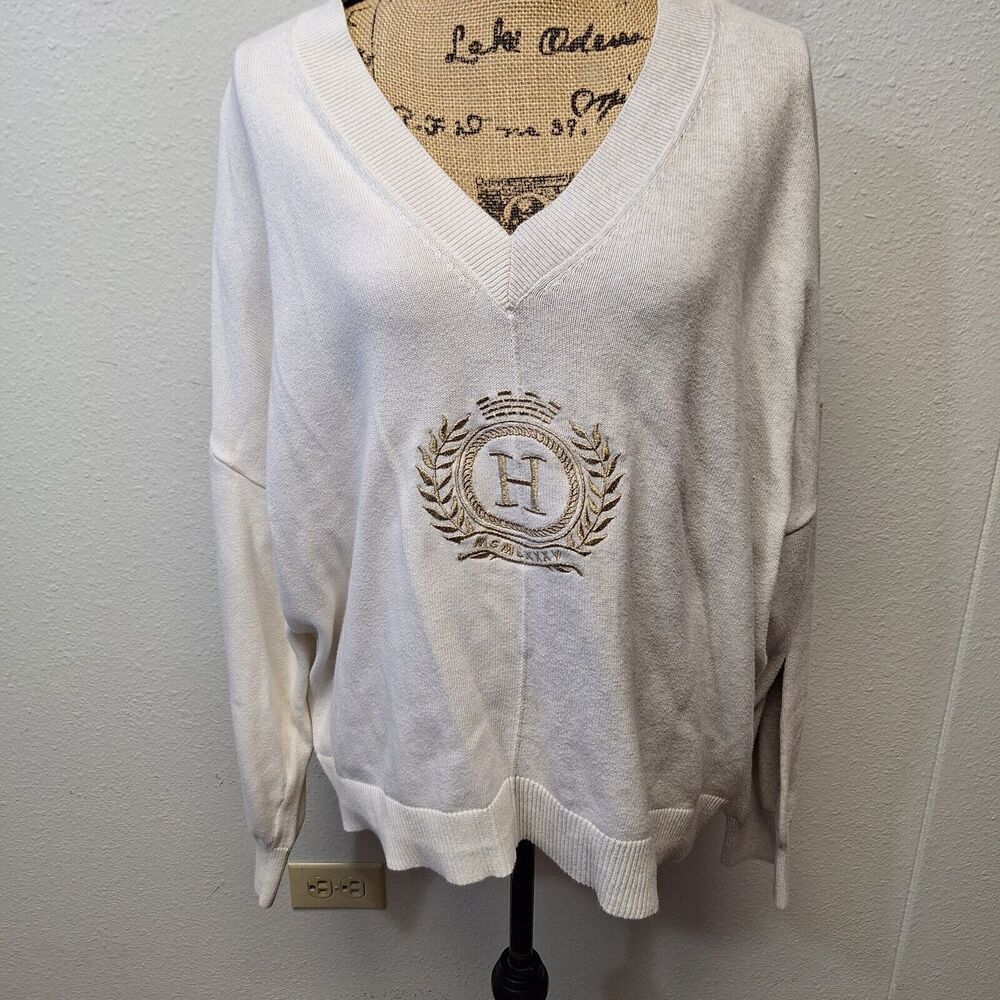 Tommy Hilfiger V Neck Pullover Sweater Embroidery Logo White Women's Size XXL